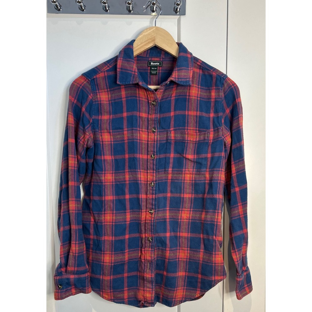 Roots Womens XS Blue Red Plaid Flannel Button Down Long Sleeve Shirt Pocket